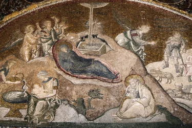 Chorakerk museum: geboorte van Jezus mozaïek (Maria rust na de bevalling, Jozef zit), Istanbul, Turkije