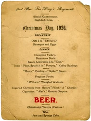 Kerstmenu, 2e Bataljon het Kings Regiment, Irak, 1926