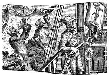 Christoffel Columbus tijdens zijn reis naar Amerika, gravure, ca. 1500