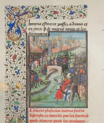 Botsing van het leger van de baronnen en de Saracenen. Miniatuur uit de Historia van Willem van Tyrus, 1460s