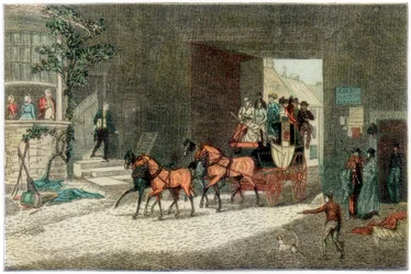 Koets arriveert op de binnenplaats van een herberg, 1890