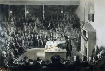 Lezing van de natuurkundige Michael Faraday (1791-1867) voor de Royal Institution of London op 27 december 1855 in aanwezigheid van Prins Albert van Saksen-Coburg-Gotha