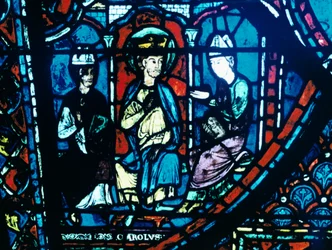 Brief van Constantijn gepresenteerd aan Karel de Grote, glas-in-lood, Kathedraal van Chartres, Frankrijk, ca 1225