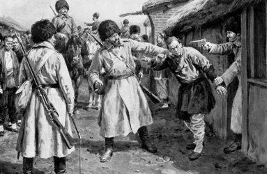 Kozakken zoeken naar Japanse spionnen in een Mantsjoerijse dorp, Russisch-Japanse oorlog, 1904-5