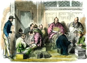 Het tellen van het compensatiegeld voor de moord op de heer Richardson, Japan, 1863