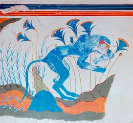 Kretenzische fresco van een aap en papyrus, 16e-14e eeuw v.Chr.