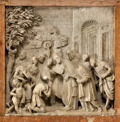 Crypte, Ark van de Heiligen Marcellino en Peter Exorcist, Lorenzo Trotti, De bekering van de cipier Artemio, Kathedraal van Santa Maria Assunta, Kathedraal, Cremona, Lombardije, Italië (foto)