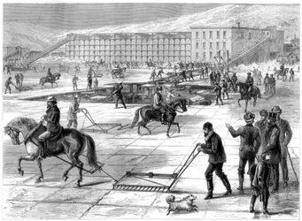 IJs snijden en opslaan op de Hudson River, New York, VS, 1875