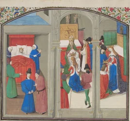 Dood van Baldwin IV. Kroning van Guy van Lusignan. Miniatuur uit de Historia door Willem van Tyrus, 1460s