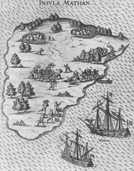 Dood van Magellan op het Filipijnse eiland Mactan. Uit Levinus Hulsiuss Beschreibung der wunde