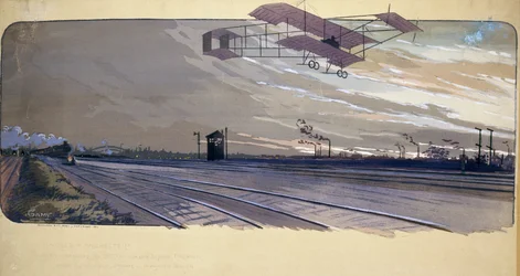 Begin van de luchtvaart: Louis Paulhan (1884-1963) vliegt over een spoorlijn tijdens de 300 km lange race Londen/Manchester op 27 en 28 april 1910