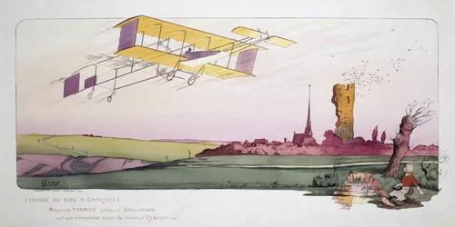 Begin van de luchtvaart: Maurice Farman (1878-1964) in zijn dubbeldekker uitgerust met een Renault-motor tijdens de race 
