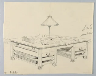 Ontwerp voor Massieve Bibliotheek Opslagtafel met Twee Open Plankrekken aan Beide Zijden, 1900–05