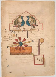 Ontwerp voor de waterklok van de pauwen, uit de Kitab fi ma