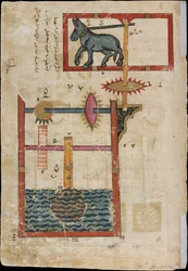 Ontwerp aan elke kant voor waterrad aangedreven door ezelkracht, gedateerd A.H. 715 A.D. 1315