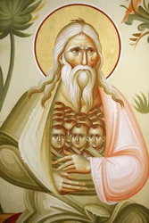 Detail van een fresco in de Grieks-orthodoxe kerk van Kafarnaüm: Abraham, Kafarnaüm, Israël