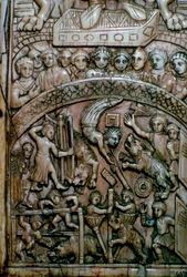 Detail van een blad van een Byzantijns ivoren diptiek met mannen en beren in het circus