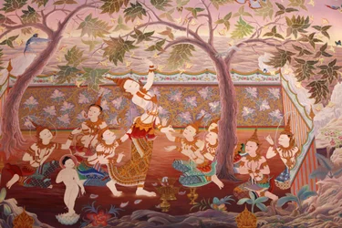 Detail van een muurschildering in de Uposatha (heiligdom) van de Buddhapadipa tempel, Wimbledon, Groot-Brittannië