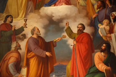 (detail) van een schilderij in Basilica di Maria Ausiliatrice met Sint-Pieter en Sint-Paulus, Turijn, Italië