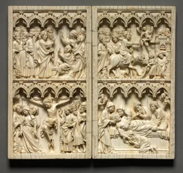 Diptiek met scènes uit het leven van Christus linker vleugel: Opwekking van Lazarus en Kruisiging, c. 135