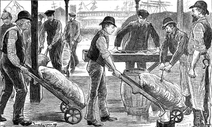 Havenarbeiders lossen suiker bij West India Docks, Londen, 1889