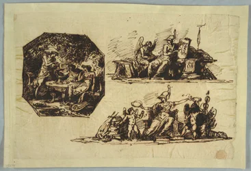 Tekening, Bacchus, Apollo en Mnemosine; Minerva met trofeeën