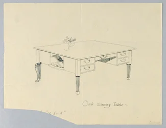 Tekening, Ontwerp voor Bibliotheektafel met Zij Niche en Beenvariatie Aangegeven
