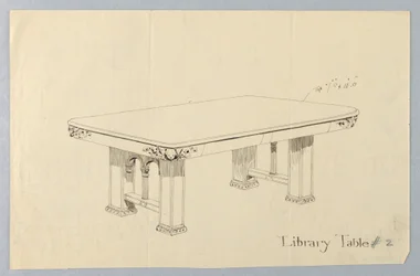 Tekening, Ontwerp voor rechthoekige bibliotheektafel #2 met putti gezichten gesneden op elk van de afgeronde hoeken