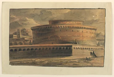Tekening, Decorontwerp, Exterieur van rond gebouw, begin 19e eeuw