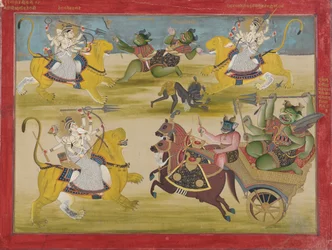 Durga vecht tegen de rakshashas Shunga en Nishunga, uit een Devi Mahatmya