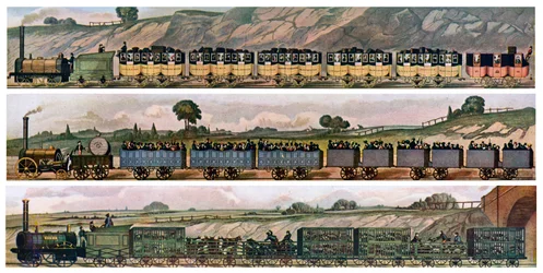 Vroege spoorwegkoetsen, de Liverpool en Manchester Railway, Engeland, 1831, ca. 1900-1920