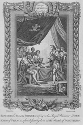 Eduard de Zwarte Prins bedient zijn koninklijke gevangene Jan, koning van Frankrijk, ca. 1787