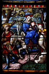 Eglise Saint-Remy de Troyes. Glas-in-lood: Scènes uit het leven van de Maagd. Detail: De vlucht naar Egypte. Atelier Vincent-Larcher, 19e eeuw
