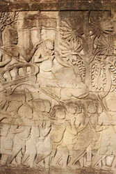 Olifanten en krijgers, Reliëfsculptuur in de Oostelijke Buitenste Galerij van Bayon, Siem Reap, Cambodja