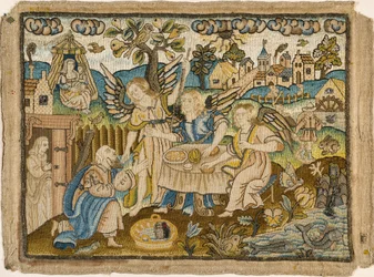 Geborduurd schilderij: Abraham entertaint de engelen, 2e helft van de 17e eeuw