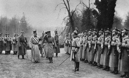 Keizer Karl I van Oostenrijk bezoekt Kaiser Wilhelm II op het hoofdkwartier van het leger, Eerste Wereldoorlog, 1917