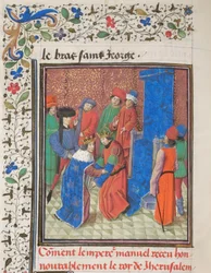 Keizer Manuel I Komnenos ontmoet koning Amalric I van Jeruzalem. Miniatuur uit de Historia door Willem van Tyrus, 1460s