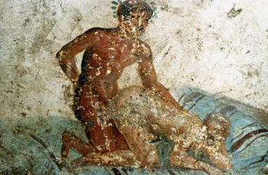Erotische muurschildering, Pompeï, Italië