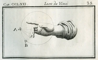 Studie over de perceptie van de vingers van een bewegende hand. Gravure uit “Verhandeling over de schilderkunst” door Leonardo da Vinci. “Trattato della pittura di Lionardo da Vinci,” Milaan, Societa tipografica