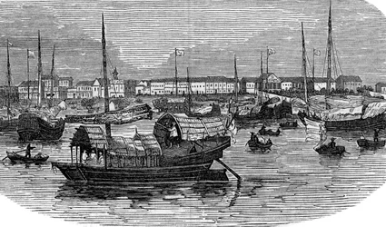 Europese fabrieken in Canton Guangzhou, China, ca. 1875