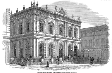 Buitenaanzicht van de Nationale Bank, Glasgow, Schotland, circa 1850