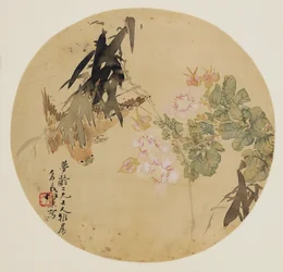 Waaierschilderij - Bloem en vogel, 19e eeuw