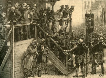 Vader John Murphy leidt zijn pachters om te stemmen in de Clare tussentijdse verkiezing, Ierland, 1828 c1890
