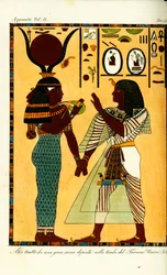 Beeld van de Egyptische godin Hathor met koning Seti I uit zijn graf in Thebe, ontdekt door Giovanni Battista Belzoni