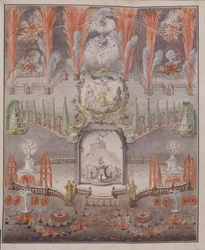 Vuurwerk en illuminatie op 17 september 1747 in Gostilitsy, midden 18e eeuw