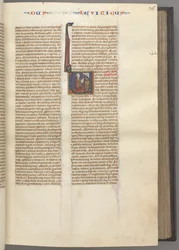 Fol. 36r, Leviticus, gehistorieerde initiaal V, Mozes die een offerlam op een altaar offert, ca. 1275