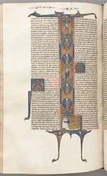 Matthew, volledige historiated initiaal L, de boom van Jesse, met een slapende Jesse