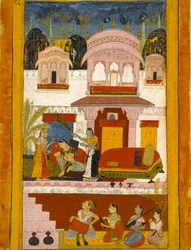 Verlaten Dame met Dienstmeiden, Illustratie van de Muzikale Modus Patamanjari Ragini, 1695-1700