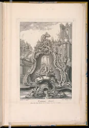 Fontein met een cartouche en gebouwen