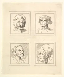 Vier hoofden uit Characaturas door Leonardo da Vinci, naar tekeningen van Wincelslaus Hollar